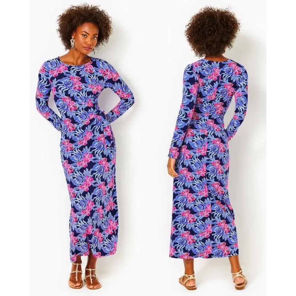 Lilly Pulitzer Bryson Maxi Dress Womens Large Navy Blue Floral Tie Waist Sleeve